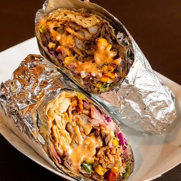 Two foil-wrapped stuffed burritos cut open on a white plate, filled with meat, vegetables, and orange sauce.