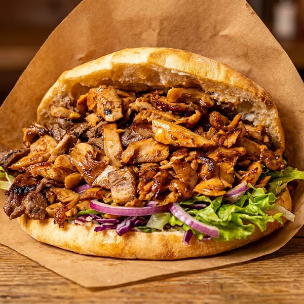 Loaded flatbread sandwich with grilled meat, mushrooms, lettuce, red cabbage, and onions on parchment over a wooden table.