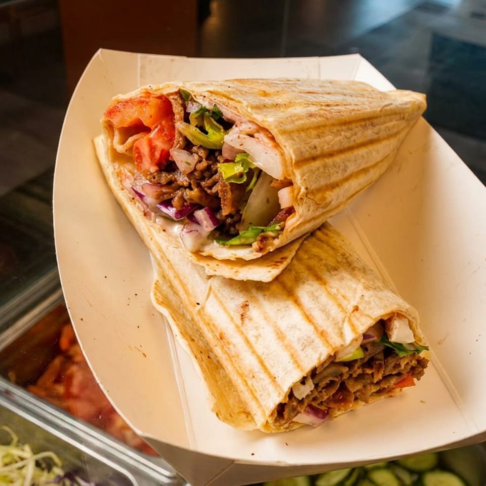Two grilled wraps filled with seasoned meat, vegetables, and sauce sit in a paper tray above a restaurant ingredient counter.